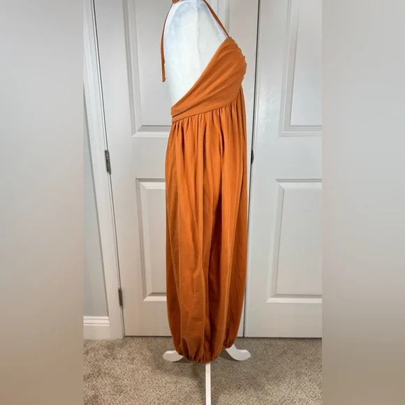 Zara Bubble Hem Balloon Halter Maxi Dress Backless Orange Boho Resort Small - Picture 3 of 9